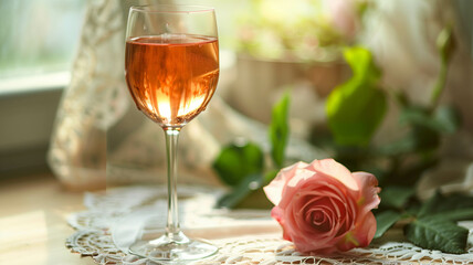 Elegant glass of wine and a delicate rose on a lace-covered table, perfect for a romantic evening