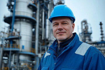 Petroleum professional working outdoors, wearing protective equipment in an industrial environment.