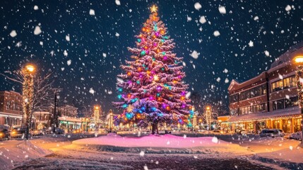 A giant outdoor Christmas tree covered in snow, lit up with colorful lights