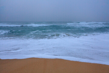 Gentle waves roll towards the sandy shore under a misty, overcas