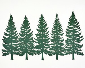 Obraz premium group of pine trees in a forest, depicted in a linocut illustration style. The trees are sketched in a simple, bold manner, using only shades of green and white, giving a textured and handcrafted feel