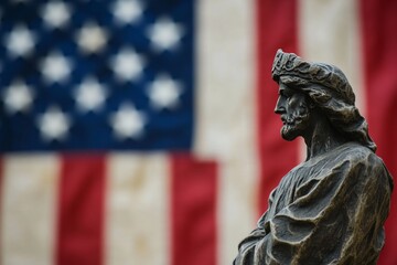 Fototapeta premium Statue of svojuoda displayed prominently against the backdrop of the american flag