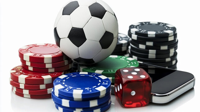 A collection of poker chips, dice, and a soccer ball arranged creatively on a white background - Powered by Adobe