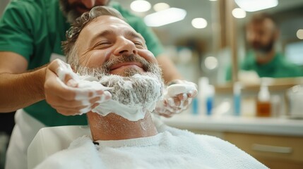 A relaxed man enjoying a professional shave at a barbershop, showcasing traditional grooming, personal care, and a moment of peaceful indulgence.