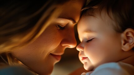 A tender moment captured between a mother and her baby, highlighting the deep connection, love, and warmth in a serene, intimate setting.