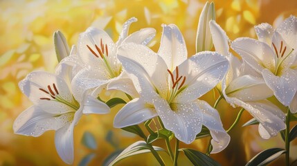 Obraz premium A realistic and detailed shot of blooming white lilies with glistening dew