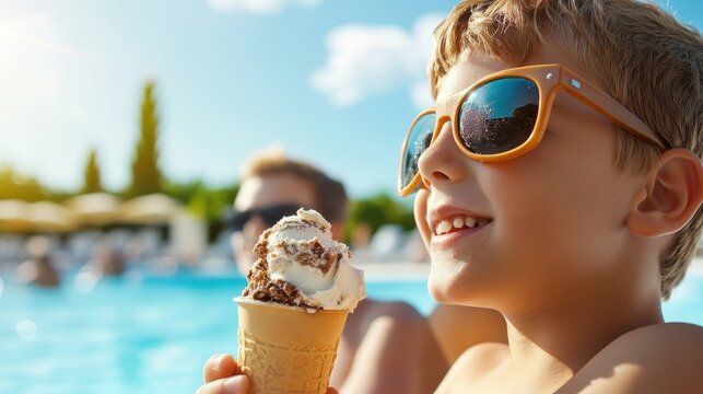 A cheerful child wearing stylish sunglasses savors an ice cream cone by the poolside on a sunny day, embodying the carefree joys and simple pleasures of childhood.