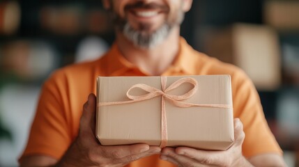 A joyful man in an orange shirt holds out a beautifully wrapped gift box with a pink ribbon, symbolizing generosity and celebration, in a cozy setting.