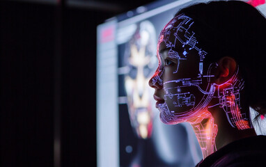 Profile of a woman illuminated by digital circuitry in a futuristic exhibition at night