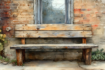 Fototapeta premium A rustic wooden bench sits against a weathered brick wall, exuding charm and inviting relaxation in a serene outdoor setting.