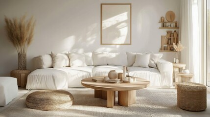 A serene Scandinavian-inspired living room featuring a round wood
