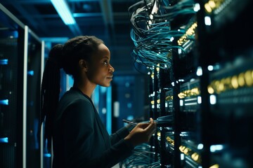 Female IT technician running diagnostics in a data center during nighttime, managing cables and equipment for optimal performance