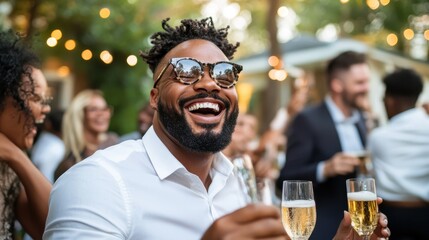 A cheerful group of friends sharing glasses of champagne at an outdoor gathering under festive lights, embodying celebration and joyous spirit of togetherness.