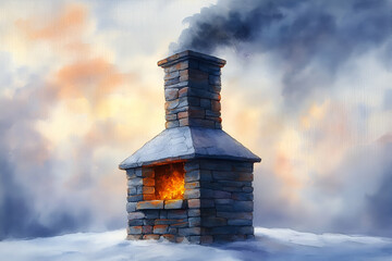 A cozy stone chimney emits smoke into a wintry sky, surrounded by snow, evoking warmth and tranquility amid a cold landscape.