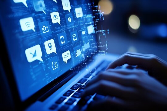 Focused view of online chat interface with messages and icons on a laptop screen - Powered by Adobe