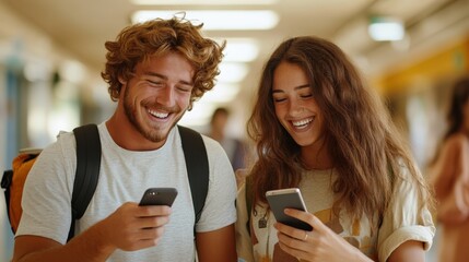 A joyful young man and woman with backpacks share a moment with their mobile phones, symbolizing a vibrant connection in a dynamic, modern environment.