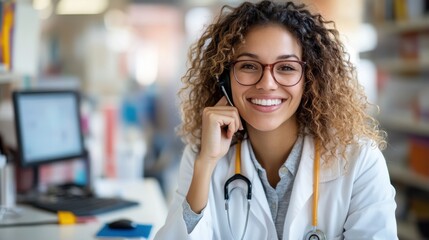 A cheerful female doctor with curly hair and glasses, wearing a stethoscope, talking on the phone with a friendly smile at a hospital reception desk.