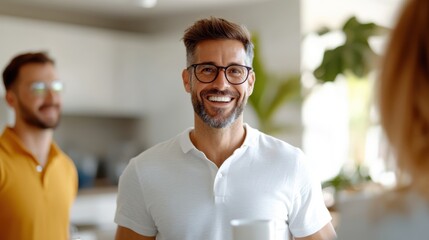 A cheerful man in a bright, modern room holds a coffee mug, radiating happiness and friendliness, creating a welcoming and relaxed atmosphere for conversation.