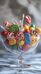 A bowl of candy, filled with colorful candies and lollipops, in the style of detailed character design