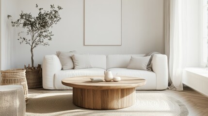 Fototapeta premium A stylish Scandinavian living room with a round wood coffee table placed