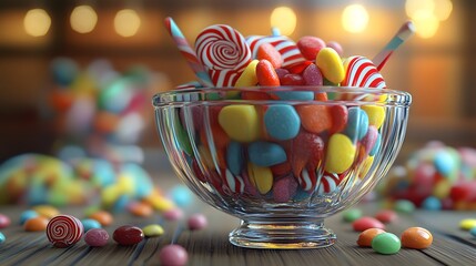 A bowl of candy, filled with colorful candies and lollipops, in the style of detailed character design
