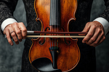 Musician playing a classical violin with bow in a studio setting during a performance