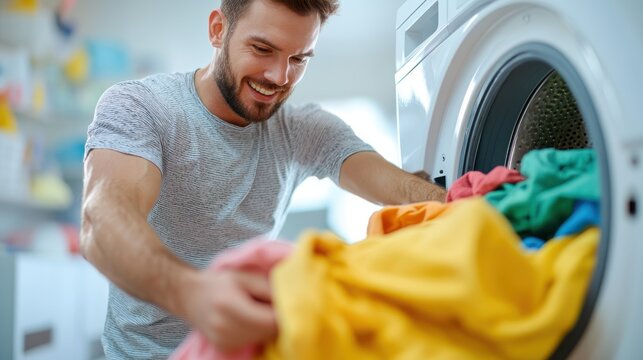 A cheerful man wearing a gray T-shirt is joyfully loading colorful laundry into a washing machine, exemplifying household responsibility and modern domestic lifestyle. - Powered by Adobe