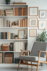 Cozy living room corner with a neatly organized bookshelf and a comfortable armchair
