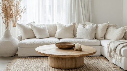 A warm and inviting Scandinavian living room with a round wood coffee table,