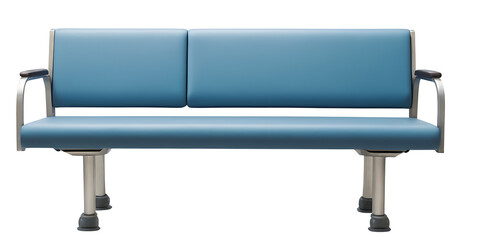 Classic blue waiting room bench PNG with a sturdy frame and comfortable cushions, perfect for public spaces, healthcare facilities, or transportation hubs.  Ideal for interior design, healthcare, or p