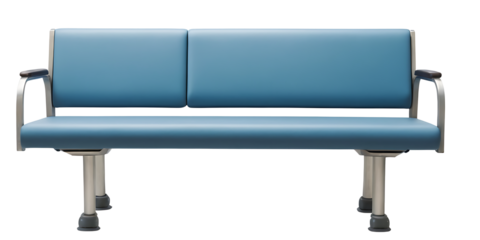 Classic blue waiting room bench PNG with a sturdy frame and comfortable cushions, perfect for public spaces, healthcare facilities, or transportation hubs.  Ideal for interior design, healthcare, or p