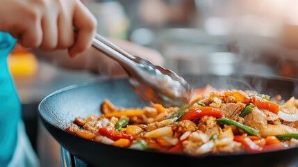 A colorful and aromatic stir-fry dish is cooked in a wok, featuring a mix of fresh vegetables and meat, capturing the essence of Asian culinary art.