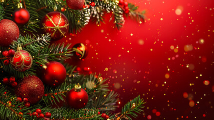 Christmas background. Xmas tree with snow decorated with garland lights, holiday festive background. Widescreen frame backdrop. New Year Winter art design, Christmas scene.