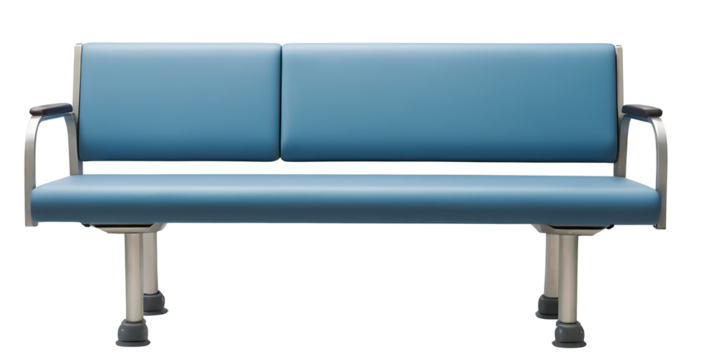 Classic blue waiting room bench PNG with a sturdy frame and comfortable cushions, perfect for public spaces, healthcare facilities, or transportation hubs.  Ideal for interior design, healthcare, or p