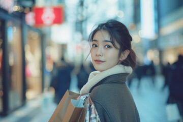 A beautiful Japanese woman wearing a stylish coat, carrying shopping bags while walking through a bustling street in Tokyo during the evening