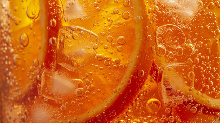 Refreshing citrus drink with ice and bubbles on a sunny day in a glass