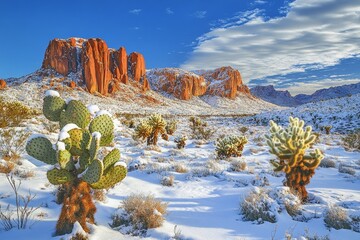 Surreal desert landscape  snow covered dunes, majestic orange rocks, cacti, and vibrant blue sky