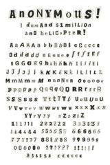 Anonymous criminal letters cut from newspapers and magazines. Cut out ransom vector letters alphabet. Black and white Blackmail or ransom kidnapper anonymous note font. Vector illustration.