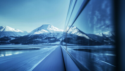 A train travels alongside snow-capped mountains in a serene winter landscape at sunrise
