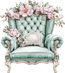 Elegant green tufted armchair with floral accents and plush decor

