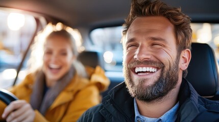 A happy couple shares a laugh in a cozy car ride. Caught in a moment of joy and connection, the scene emphasizes warmth and delightful companionship.