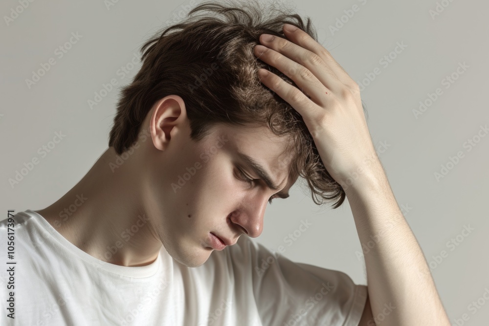 Wall mural young man in distress coping with overwhelming emotions in a minimalistic indoor setting