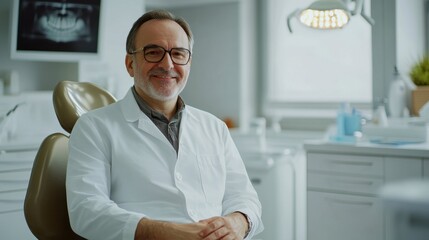 A dentist is sitting comfortably in a chair within a dental office