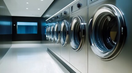 Row of Washing Machines in Modern Laundry Room
