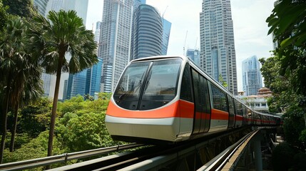 Obraz premium Modern Train in Urban Landscape: Elevated Transportation in a Cityscape