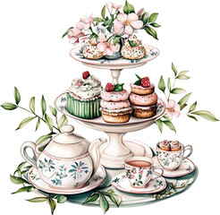 Elegant tea set with floral plates, pastries, and macarons on tiered stand

