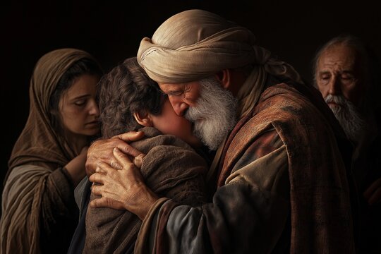 The father embraces his son with deep affection, welcoming him home after a long absence. Family members witness this moving moment of redemption and reconciliation