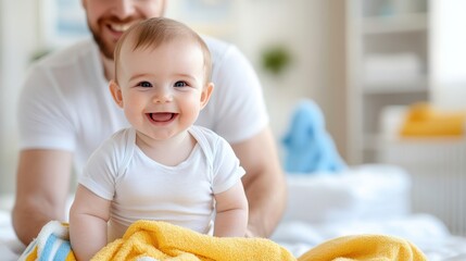 A delightful baby wrapped in a soft yellow towel smiles brightly, exuding joy and happiness, with a fatherly figure behind, adding warmth and tenderness.