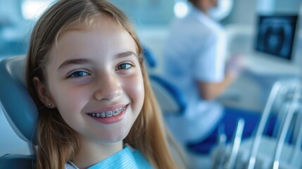 Smiling girl with braces in dental office setting