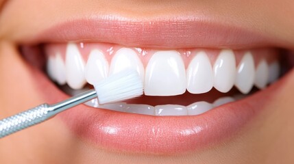 A close-up image of a person's teeth being brushed with a whitening product highlights dental care and hygiene. The bright, white teeth are the focus of the image.